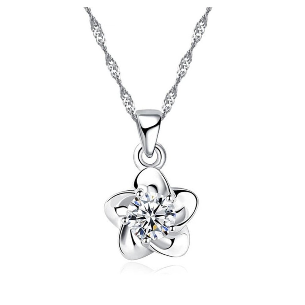 Flower Drop Necklace Earrings 925 Sterling Silver Set Gift Minimalist - Picture 4 of 4